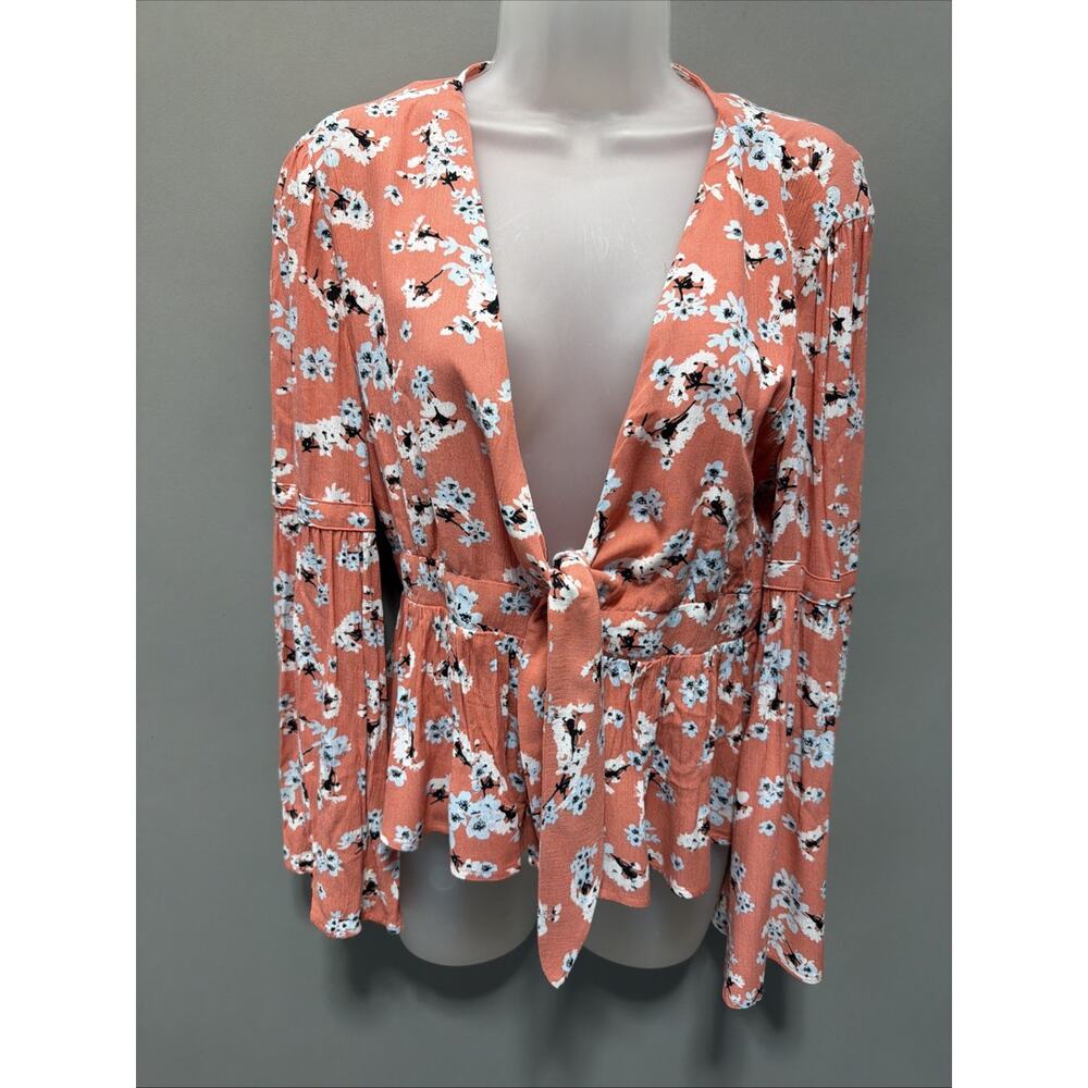Jack by BB Dakota Tiger Lily Floral Poppy Coral Bell Sleeve Blouse Size Small